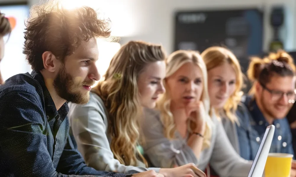 Seven employees learn how to use Altify TeamView at a desktop computer